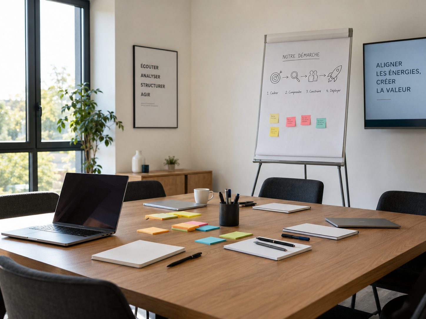 Espace de travail avec post-it et démarche d'analyse, symbole du pré-diagnostic PILOTIS Agency