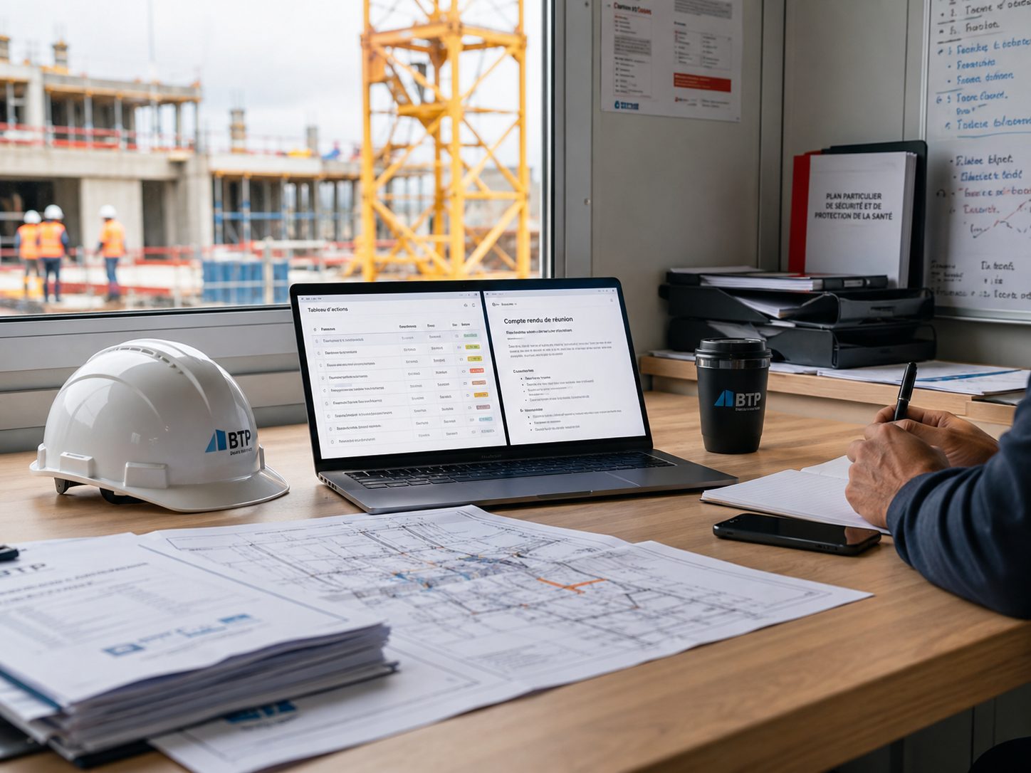 Casque de chantier BTP et compte rendu de réunion sur écran, illustration de l'assistant IA métier PILOTIS Agency